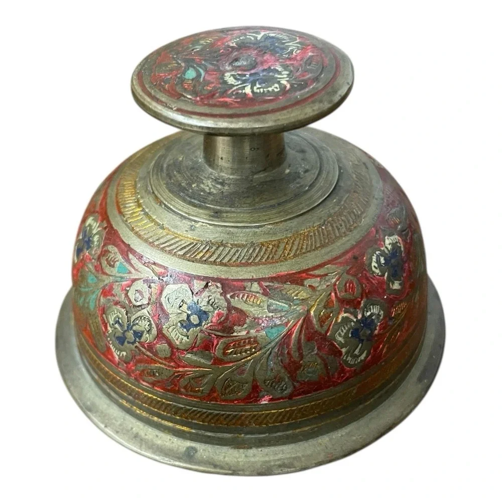 Indian Brass Champleve Enamel Elephant‎ Claw Desk Bell Rajasthan Meenakari